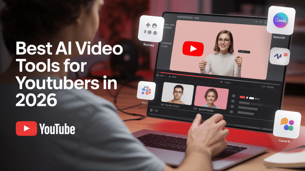 Best AI Video Tools for YouTubers featured image showing a creator editing videos on a laptop with AI video tool icons and YouTube-style interface elements.