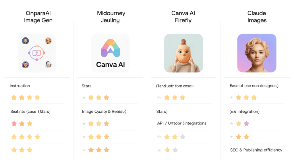 Comparison infographic showing a free AI image generator tools overview, including OpenAI image generation features, MidJourney, Canva AI, Adobe Firefly, and Claude Images across features like speed, image quality, and ease of use.