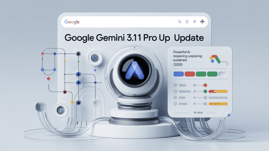 Google Gemini 3.1 Pro Update interface showing advanced AI reasoning capabilities, neural network visuals, and performance improvements in 2026.