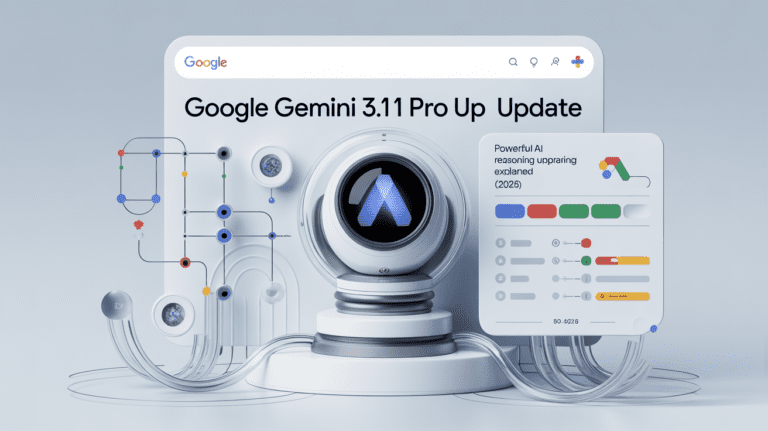 Google Gemini 3.1 Pro Update interface showing advanced AI reasoning capabilities, neural network visuals, and performance improvements in 2026.