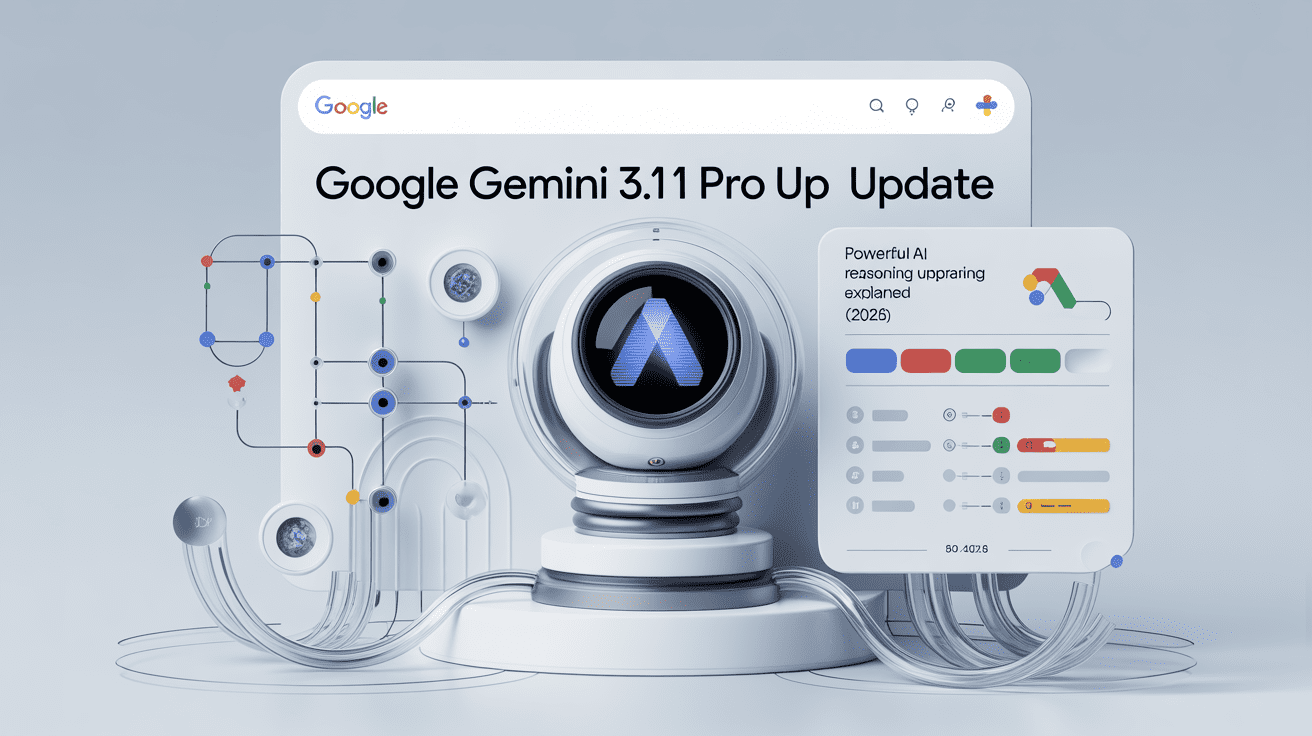Google Gemini 3.1 Pro Update interface showing advanced AI reasoning capabilities, neural network visuals, and performance improvements in 2026.